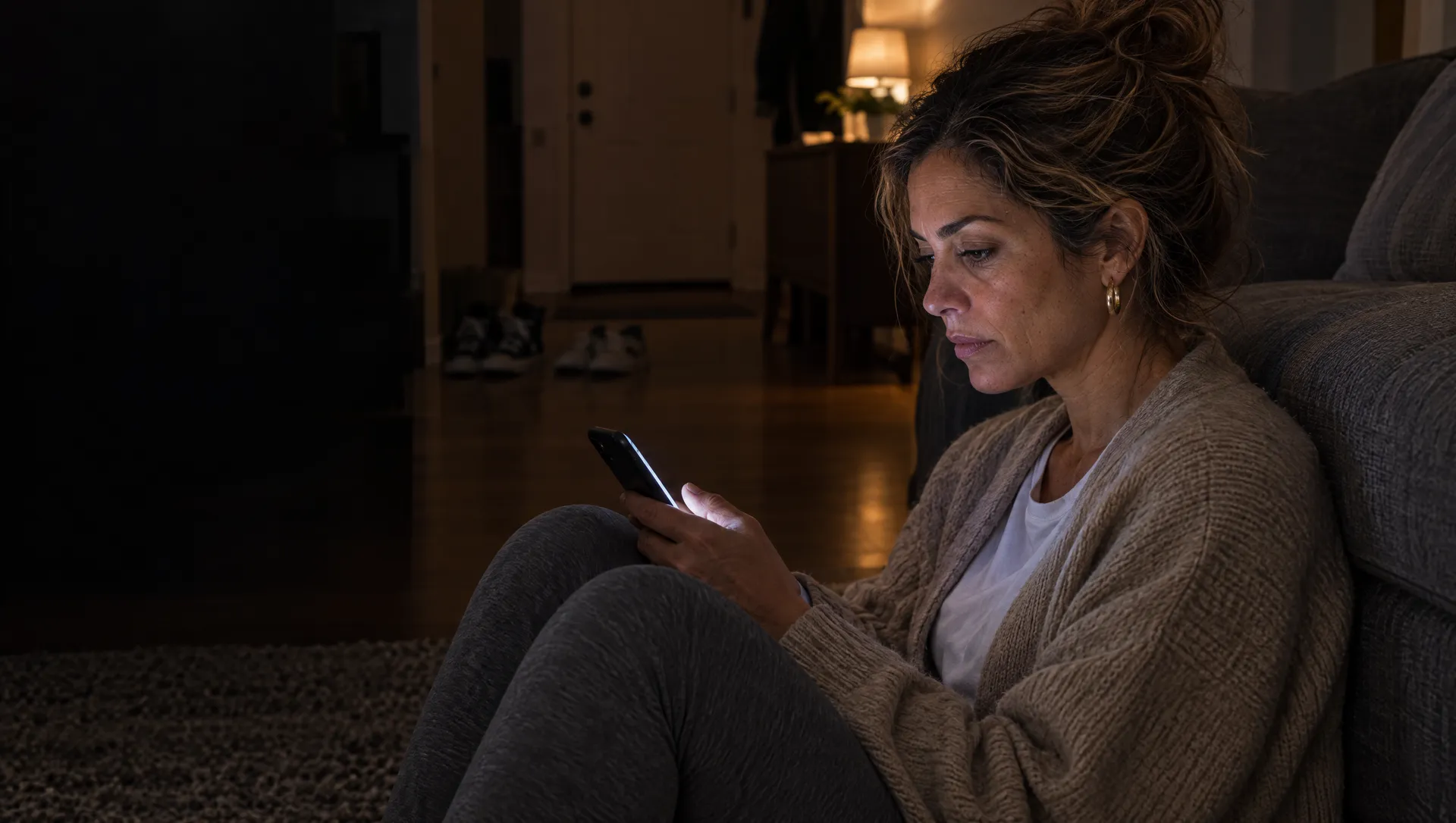 Lei seduta per terra contro il divano il sabato sera, il viso illuminato dal telefono